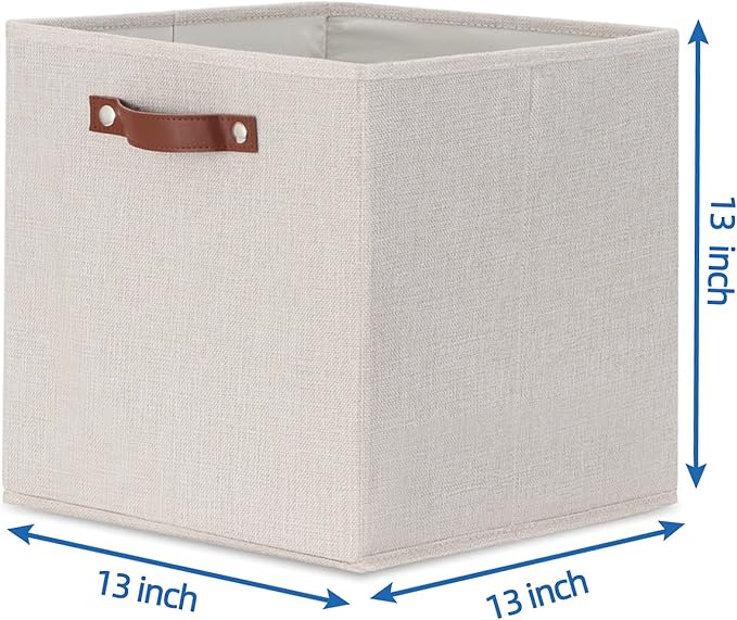 Temary Fabric Storage Cubes Storage Bins with Dual Leather Handles, 4 Pack Cube Baskets 13x13 Foldable Cube Organizers for Shelves, Home, Office, Nursery