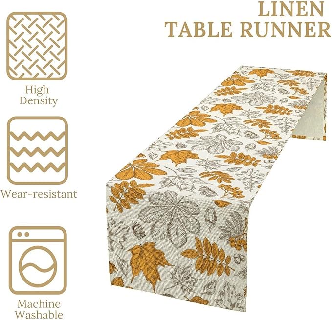 Autumn Maple Leaf Table Runner, Vintage Fall Orange Brown Nature Botanical Leaves Print Table Cover for Home Kitchen Dining Table Decor Indoor Outdoor Party, 13x70inch