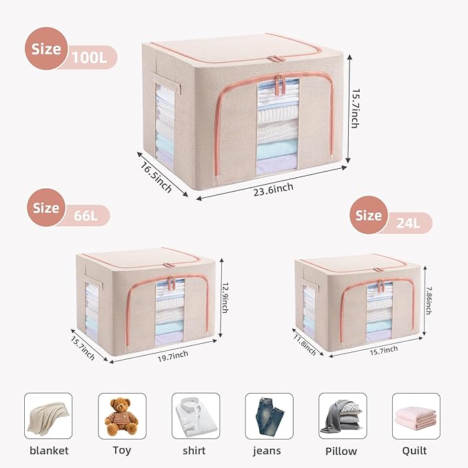 GuliPostan 24L Stackable Clothes Storage Bins with Metal Frame Handles & Zipper, Collapsible Closet Organizer Box with Lid for Bedding Blankets Towel (Beige,1 pack)
