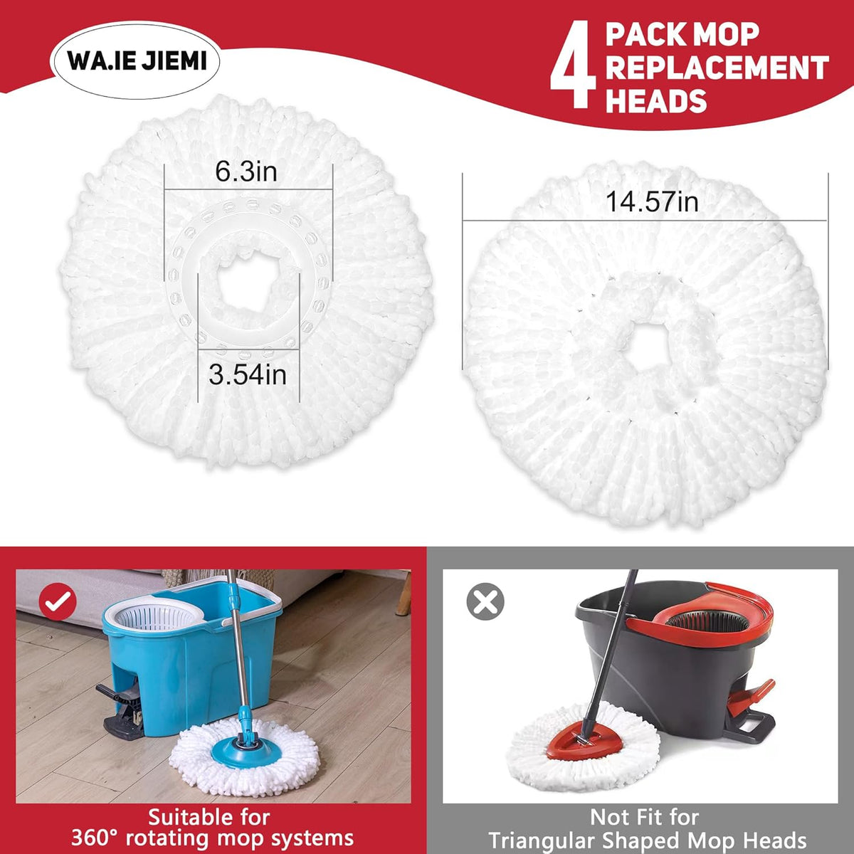 Mop Replacement Heads - 4 Pack Microfiber Refill Heads Universal for 360°Spin Magic Mopping,Hurrica,Mopnad and Cassabel (4pc-White)