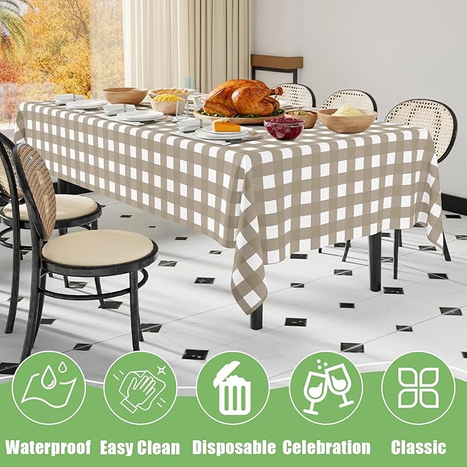 Smiry 10 Pack Khaki Gingham Disposable Tablecloths - 54" x 108" Heavy Duty Plastic Table Cloth, Waterproof Buffalo Plaid Table Covers for Picnic, Banquets, Outdoor Parties