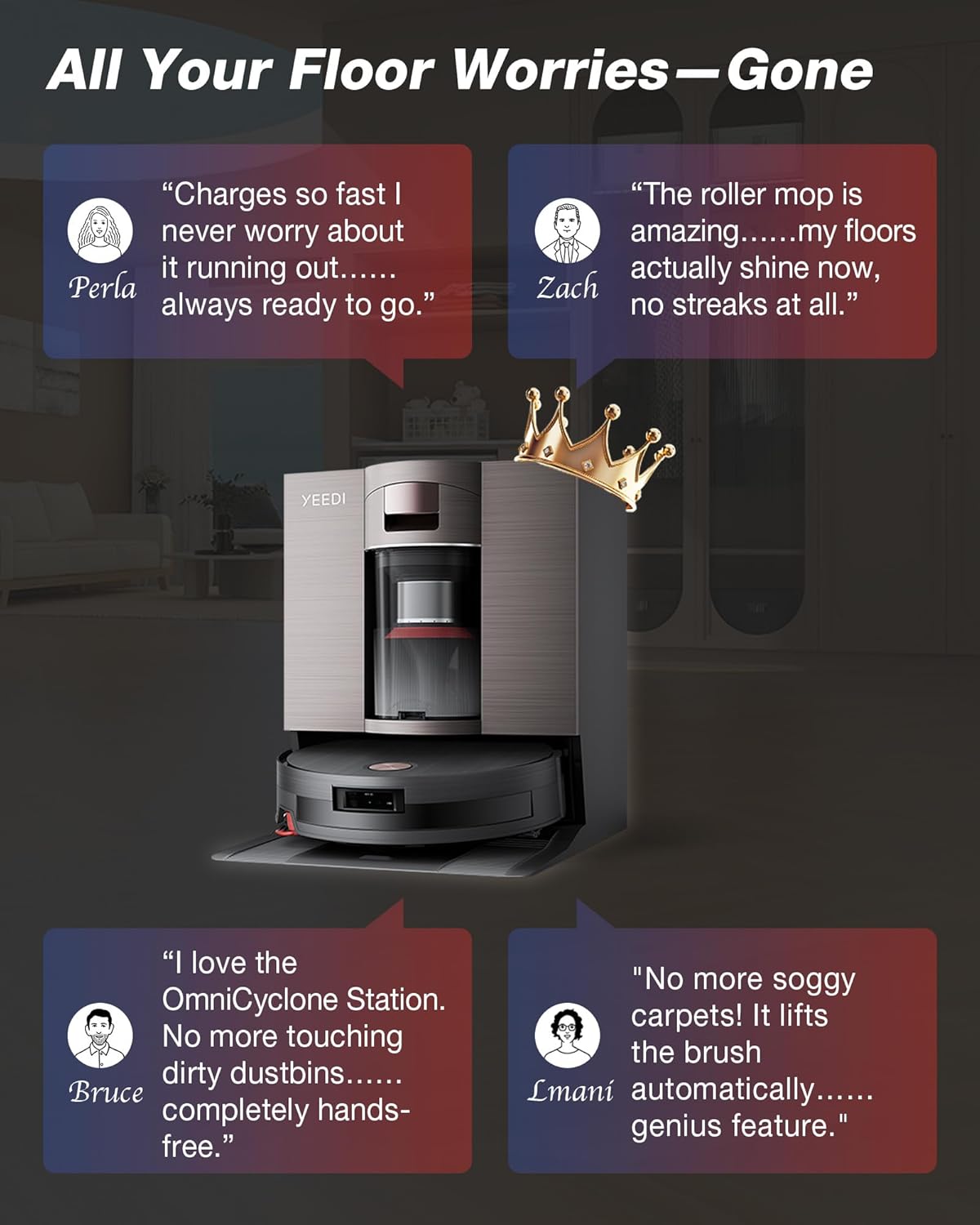 Yeedi S20 Infinity Robot Vacuum&Mop with 19,500Pa Blast Suction, PowerBoost Charging, OZMO Roller 2.0 Self-Washing, Bagless OmniCyclone Station with Hot Mop Washing&Heat Drying, AIVI 3D Navigation