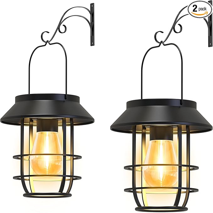 Solar Lanterns Outdoor Waterproof, High Brightness Hanging Solar Lights for Outside with Wall Hooks, Christmas Decor Retro Metal Outdoor Lanterns Auto On/Off for Patio, Yard Decor, Black,2Pack