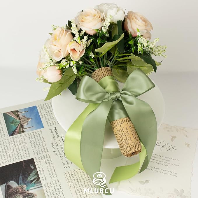 Green Ribbon 1-1/2 Inch x 60Yards Assorted Sage, Olive, Moss, Lime, Dusty Green, Ivory, Double Faced Satin Ribbons Set for Wedding, Flower Bouquet, Gift Wrapping, Hair Bow Crafts