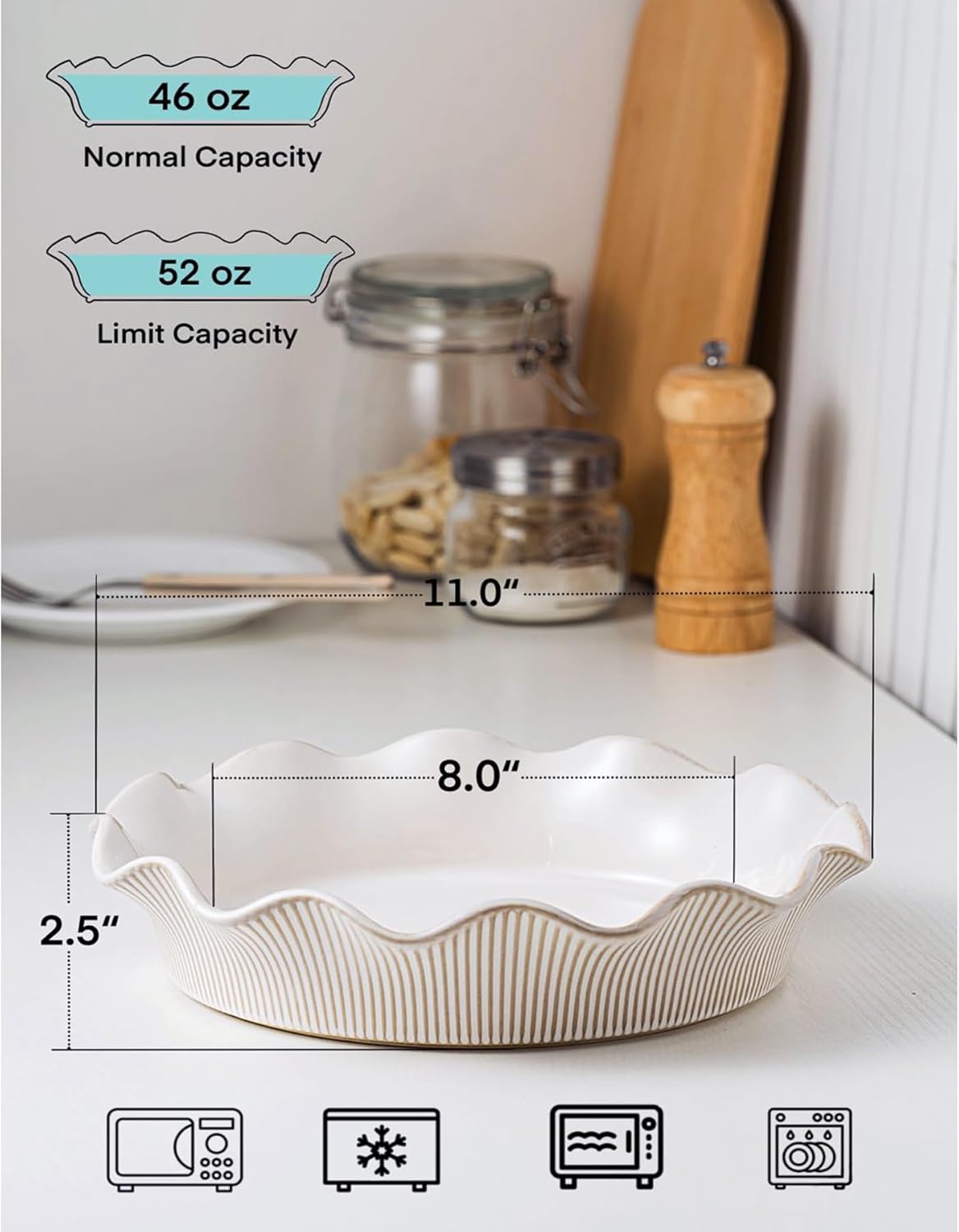 Ceramic Deep Pie Pan for Baking, 11 inch Porcelain Pie Dish for Apple Pie, Oven & Dishwasher Safe, Farmhouse Decor, 48 Ounce Deep Plate for Kitchen