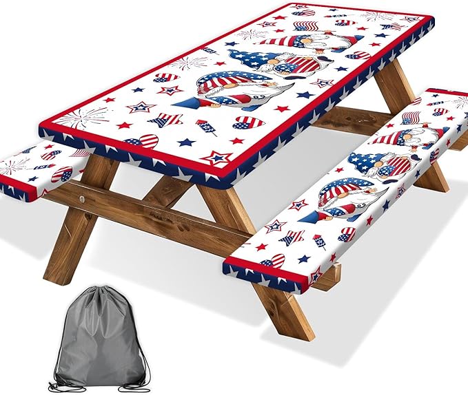4th of July Picnic Table Cover with Bench Covers, Camping Essentials, Patriotic American Flag Gnomes Stars Table Cover Waterproof Fitted Tablecloth Cover with Elastic Edge for Outdoor 3 PCS 30x96 Inch