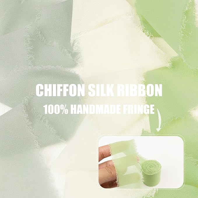 Sage Green Chiffon Ribbon 1.5 Inch x 21Yds Handmade Fringe Chiffon Silk Ribbon Sage Green/Desert Sage/Cream Frayed Chiffon Ribbon for Wedding Invitation Flower Bouquets Bridal Shower Gift Wrapping