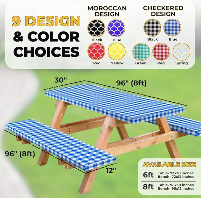 RNOONY Vinyl Fitted Picnic Table Cover with Bench Covers and Bag, Outdoor Waterproof Picnic Tablecloth with Elastic Edges, 96x30 Inches 3 Pcs Set (Blue Checkered)