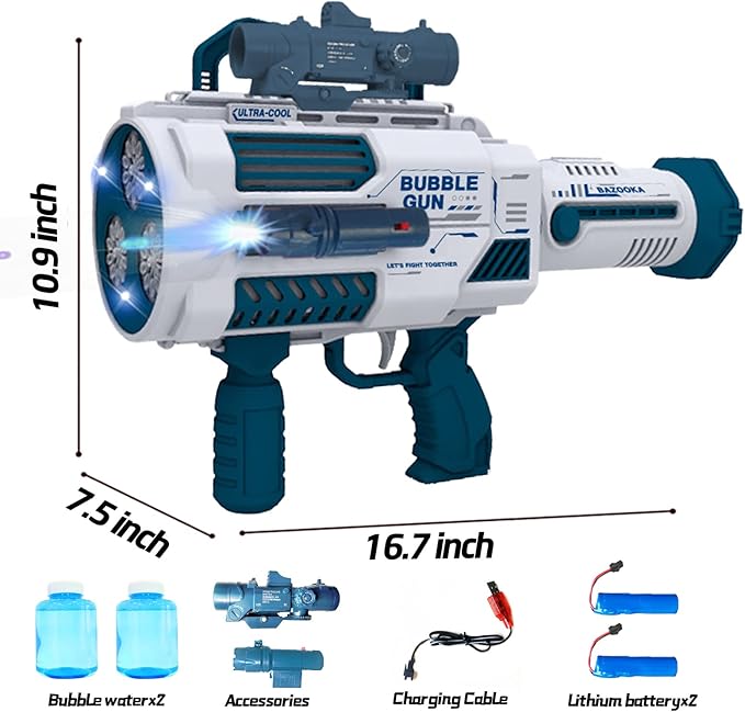Automatic Gatling Bubble Gun with 2 Rechargeable Batteries, Produces Tens of Thousands Bubbles/Min, Includes Sight & Flashlight, ABS Drop-Tested, Bubble Machine Toy for Kids Adults Party Wedding