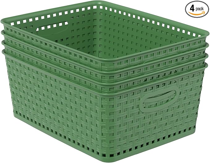 4-Pack Plastic Desktop Storage Baskets, Green Weave Basket Organizer for Cabinet, Pantry, Shelves, Closet