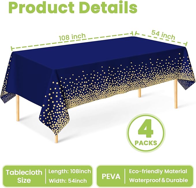 4 Pcs Navy Blue Plastic Tablecloth Gold Dot Blue Table Cloths, 54×108 inches Disposable Gold Dot Confetti Dark Blue Table Cover for Anniversary Friendsgiving Fine Dining Graduation Party Decoration…