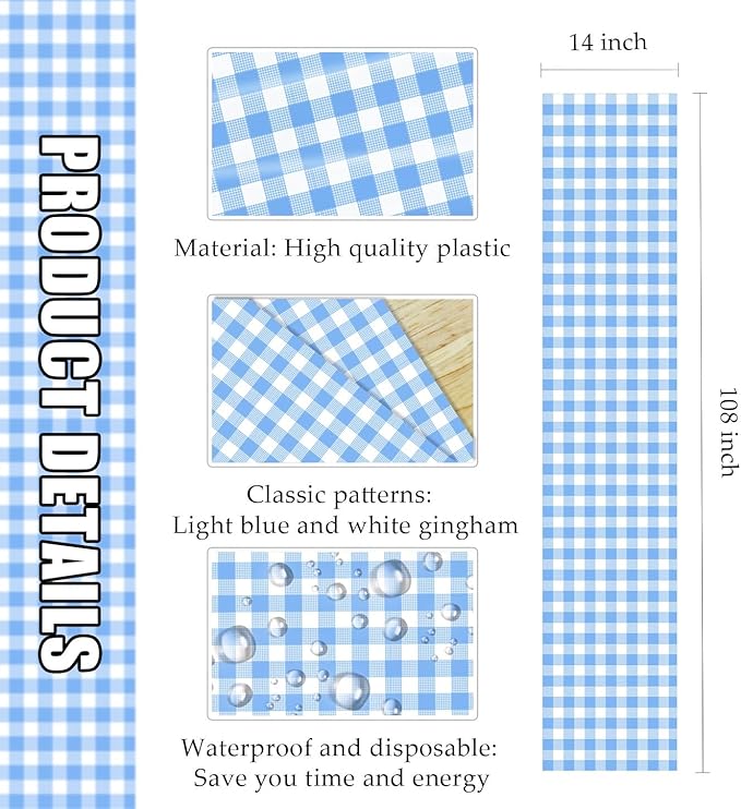 6 Pcs Light Blue and White Checkered Table Runner Plastic 14 x 108 Disposable Baby Blue Gingham Table Runner for Birthday Wedding Baby Shower Party Table Centerpiece Decorations