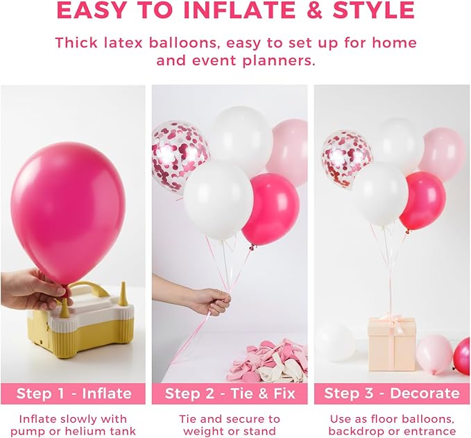 LovesTown 150 PCS Pink Rose Gold White Balloons Different Size of 18 12 10 5 Inch, Pink Confetti Balloons with Ribbons for Confession Proposal Wedding Girls Birthday Baby Shower Party Decorations