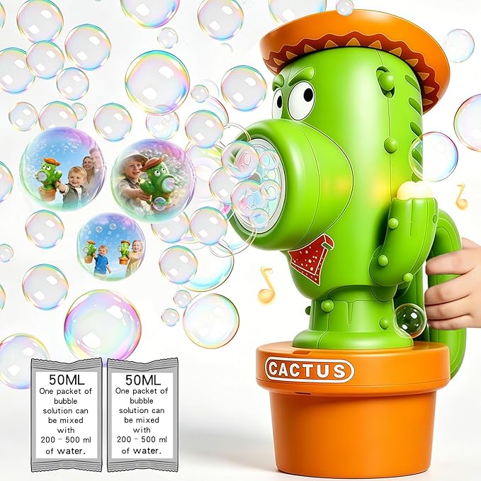 Cactus Bubble Machine for Children, Automatic Cactus Toy Bubble Maker for Toddlers, Rechargeable Battery-Operated Bubble Toys for Indoor and Outdoor Birthday Parties,Great Gift for Toddlers Aged 3+