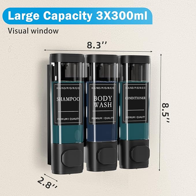 Shampoo and Conditioner Dispenser, Shower Soap Dispenser Wall Mounted, Refillable Shampoo and Conditioner Bottles for Bathroom Hotel Large Capacity(Black)