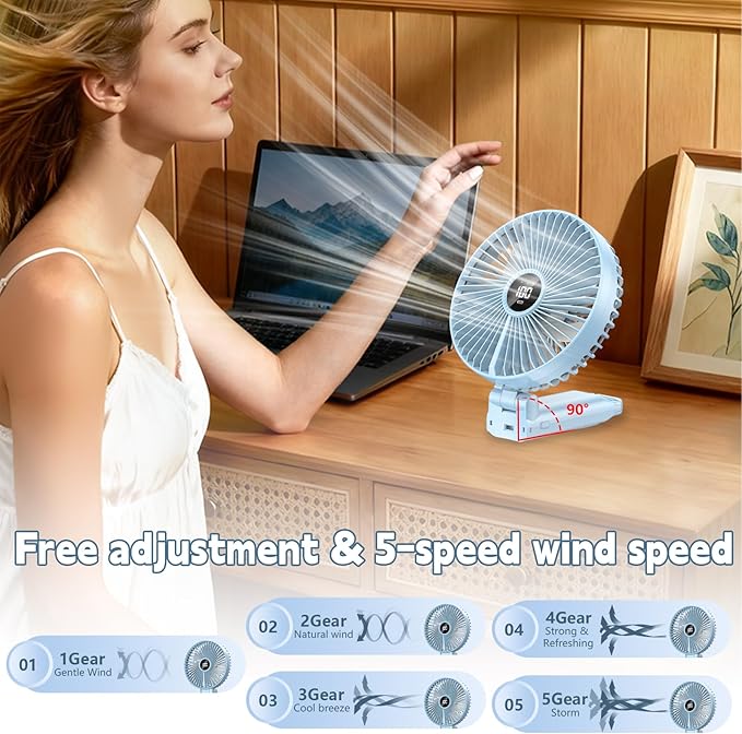 Large Portable Hand Fan, 6 inch Blades, High Airflow with 5 Speeds & LED Display, 180° Foldable Desk/Handheld/Travel Fan with Hook Design, Up to 8.5H Working Time for Indoor Outdoor Travel Office