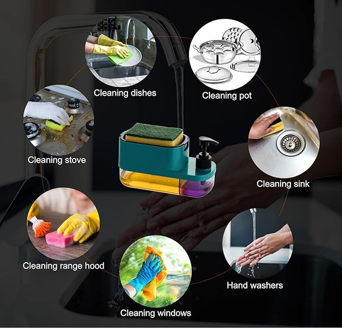 Plastic 3 in 1 Soap Pump Dispenser Dish Soap Liquid Dispenser Sponge Holder Dish Soap Pump Dispenser for Kitchen Sink Countertop Kitchen Bathroom (Multi-Color)