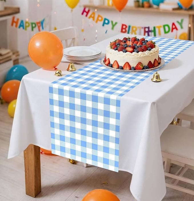 6 Pcs Light Blue and White Checkered Table Runner Plastic 14 x 108 Disposable Baby Blue Gingham Table Runner for Birthday Wedding Baby Shower Party Table Centerpiece Decorations