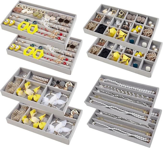 SPAKOWN Stackable Jewelry Organizer Trays for Drawer Set of 8 Adjustable Velvet Jewelry Tray Earring Organizer Necklace Ring Bracelet Display Case for Women Girl (Grey)