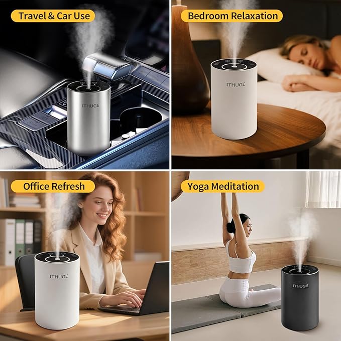 Waterless Essential Oil Diffuser, Portable Nebulizer with 3 Intensity Levels, Battery Powered for Car Home Office (Silvery)