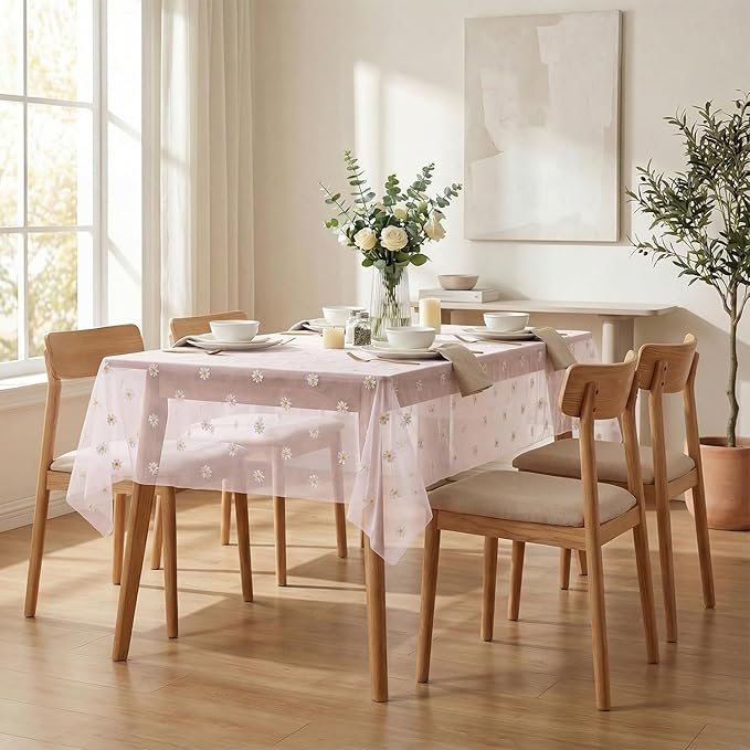 Horaldaily Pink Embroidery Daisy Spring Summer Gauze Tablecloth 60×104 Inch Rectangular, Seasonal Tulle Table Cover, Garden Party Decorations for Wedding, Party, Holiday Dining
