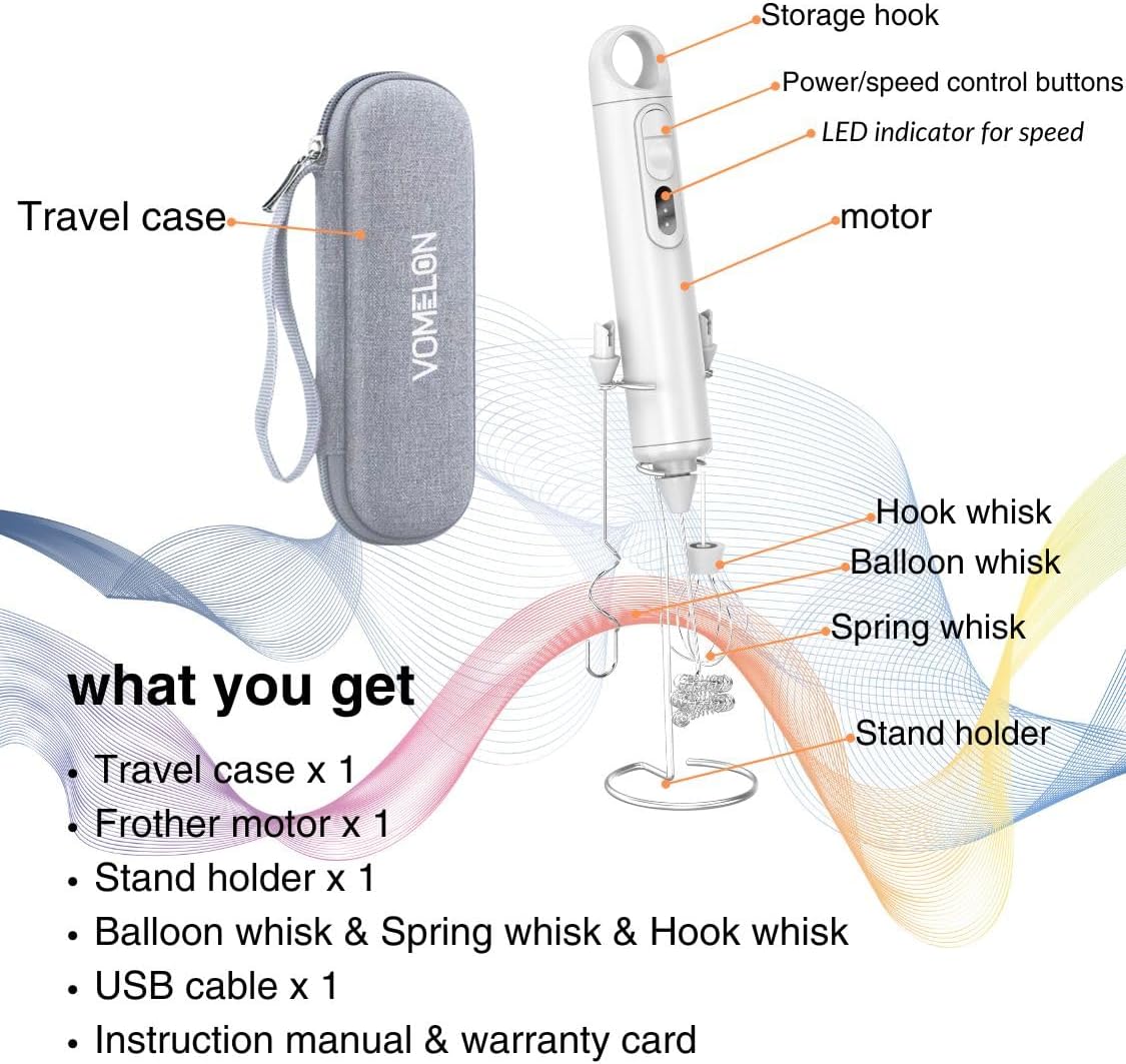 Rechargeable Milk Frother Handheld 3 Speed Coffee Foamer [3 Whisk] Electric Drink Mixer for Latte, Cappuccino, Coffee, Eggs, Hot Chocolate, White