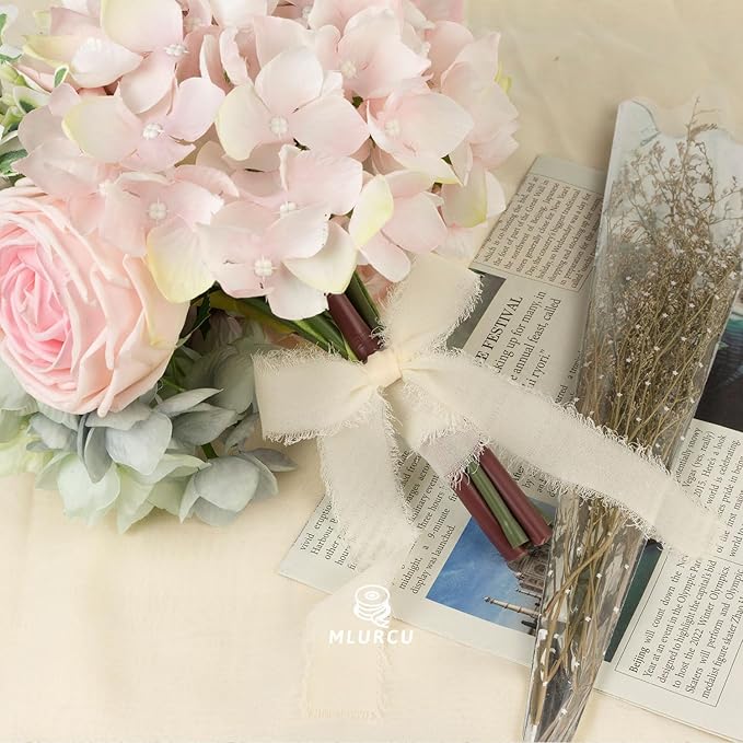 Cream Chiffon Ribbon - 1 Inch x 21 Yards Handmade Fringe Silk Ribbon for Boho Wedding, Gift Wrapping & Flower Bouquets