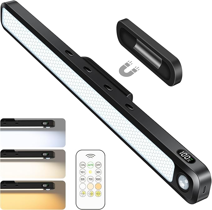 Ferswe 3W Motion Sensor Rechargeable Light Bar with Remote, Eye-Friendly Closet Lights with Battery Display, 2000mAh Makeup Lighting, Magnetic Light Bar for Cabinet, Closet, Bathroom and Desk