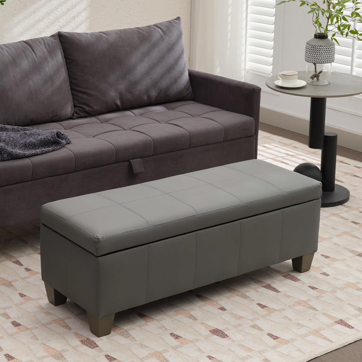 Grey Faux Leather Ottoman with Storage, Rectangular Extra Long Storage Bench for Bedroom and Living Room