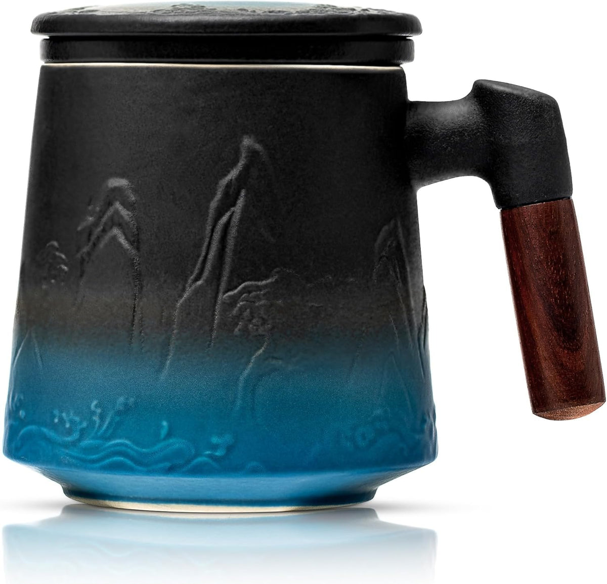 suyika Ceramic Tea Cup with Infuser and Lid, Gradient Embossed Large Tea Mug Wooden Handle for Steeping Loose Leaf, Tea Lover Gifts 15.2 oz / 450 ml
