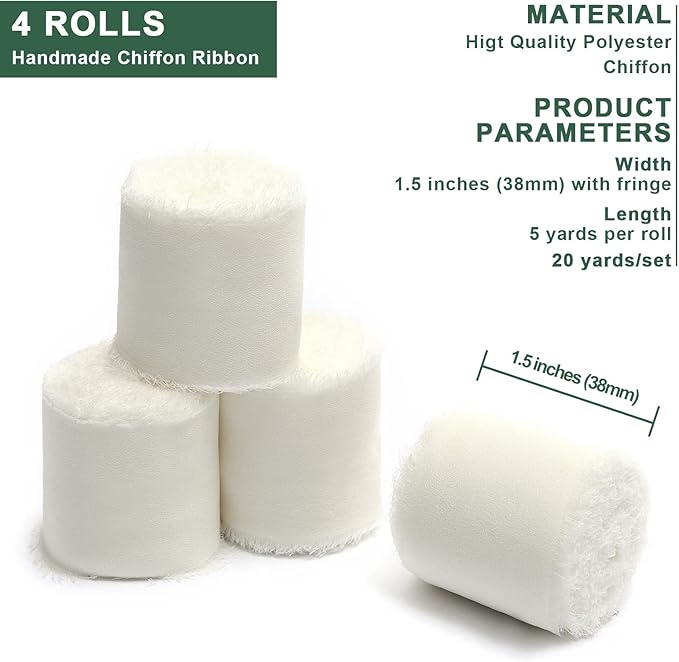 4 Rolls Cream White Handmade Fringe Chiffon Silk Ribbon 1.5" W x 5Yd Per Roll,Frayed Edges Ribbon Set for Gifts Wrapping,Wedding Invitations,Bouquets,DIY Crafts (1.5" x20Yd, Cream White)