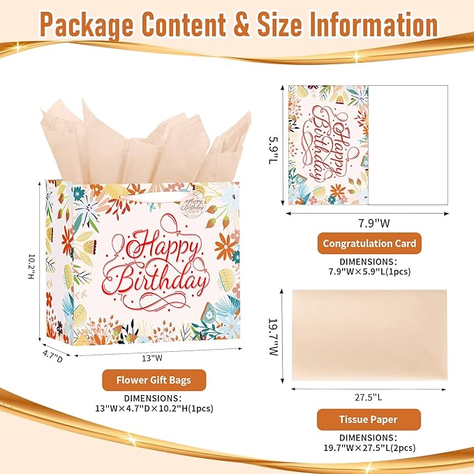 Powbrace 13" White Happy Birthday Gift Bag with Tissue Paper and Greeting Card for Patry, Happy Birthday Gift Bag for Women, Gift Bags Medium size(1 PCS Flower Gifts Bag)