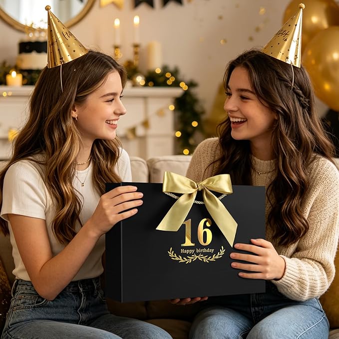 JMANNI Black Gold 16th Birthday Gift Bag with Card and Tissue Paper, 14.2"×9.84"×4.3" Large Present Bag for Teens, 16 Year Old Birthday Keepsake Party Supplies