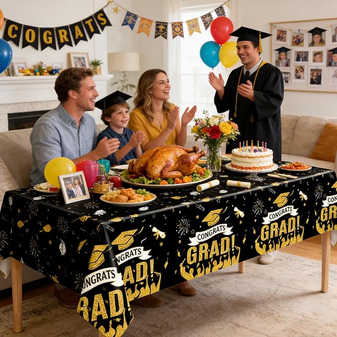2 Pack Graduation Tablecloth, Class of 2026 Congrats Grad Table Cloths Disposable Plastic Rectangle Black Gold Table Cover for Graduation Tables Decorations Party Decor Supplies Favors,108 x 54 Inch