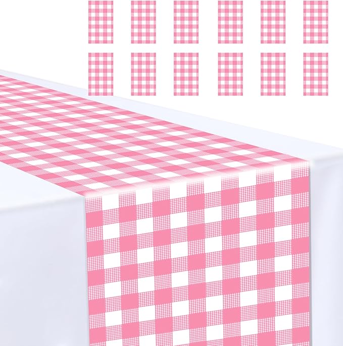 12 Pcs Hot Pink and White Checkered Table Runner Plastic 14 x 108 Disposable Hot Pink Gingham Table Runner for Birthday Wedding Baby Shower Party Table Centerpiece Decorations