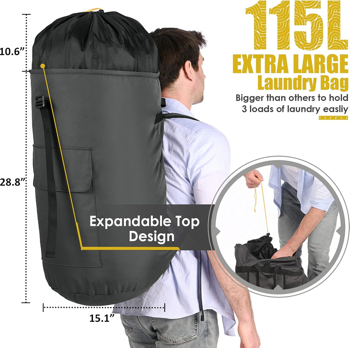 Laundry Backpack Bag, 115L Extra Large Laundry Bags with straps, Heavy Duty Laundry Bag Backpack, Portable Dirty Clothes Bag for College Dorm, Apartment, Laundromat, College Laundry Bag