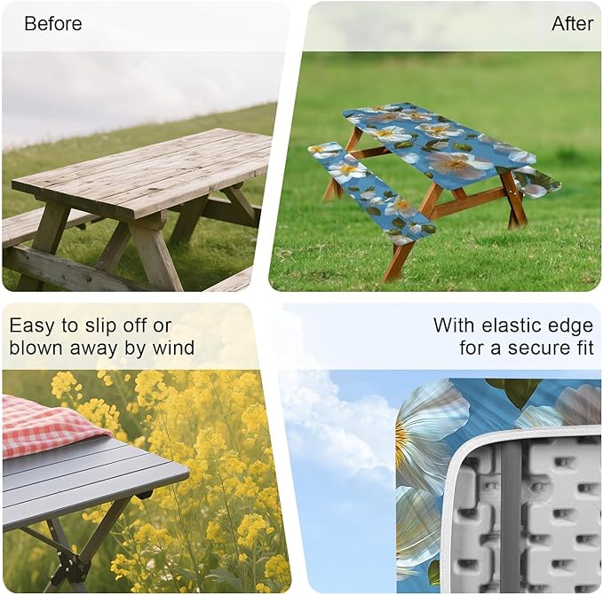 ANNA QUEEN 6FT White Flowers Spring Picnic Table Cover with Bench Covers Picnic Table Cover Set 3PCS 72"x30", Outdoor Bench and Tablecloth Furniture Protection