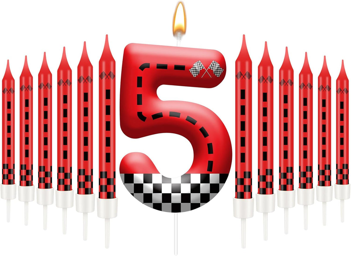 13PCS Racing Car Theme Birthday Candle Set with Checkered Flag Design - Durable Cake Topper for Race Car Party Decorations, Kids Birthday Supplies - Number 5 Candle for Racing-Themed Celebrations