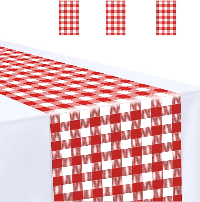 3 Pcs Red and White Checkered Table Runner Plastic 14 x 108 Disposable Gingham Table Runner for Birthday Wedding Baby Shower Christmas Party Table Centerpiece Decorations