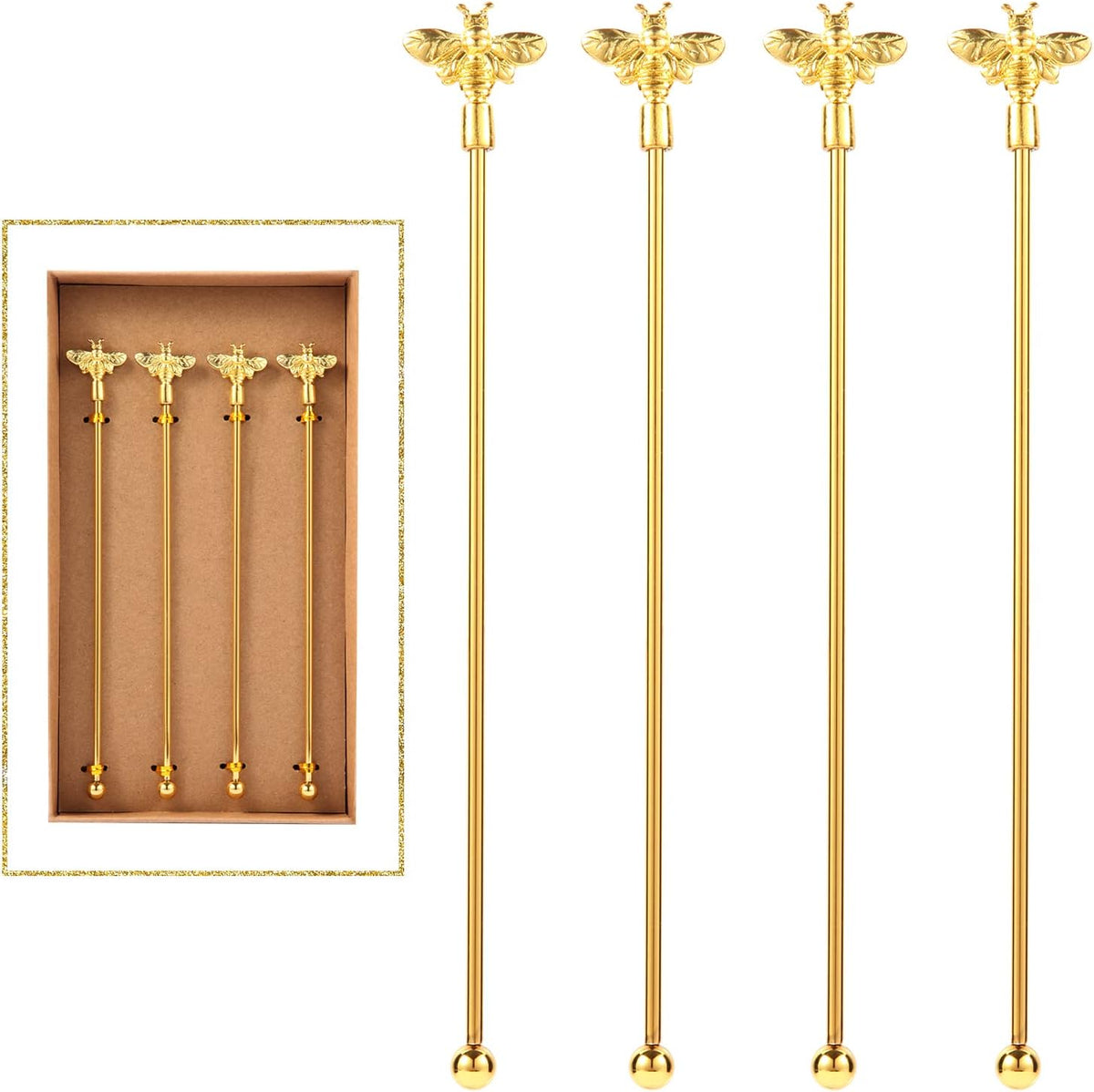 4Pcs Bumble Bee Cocktail Stirrers Swizzle Sticks Stainless Steel 7.5" Coffee Beverage Stir Sticks with Gold Decor Top for Mixing Cocktail, Hot Cocoa