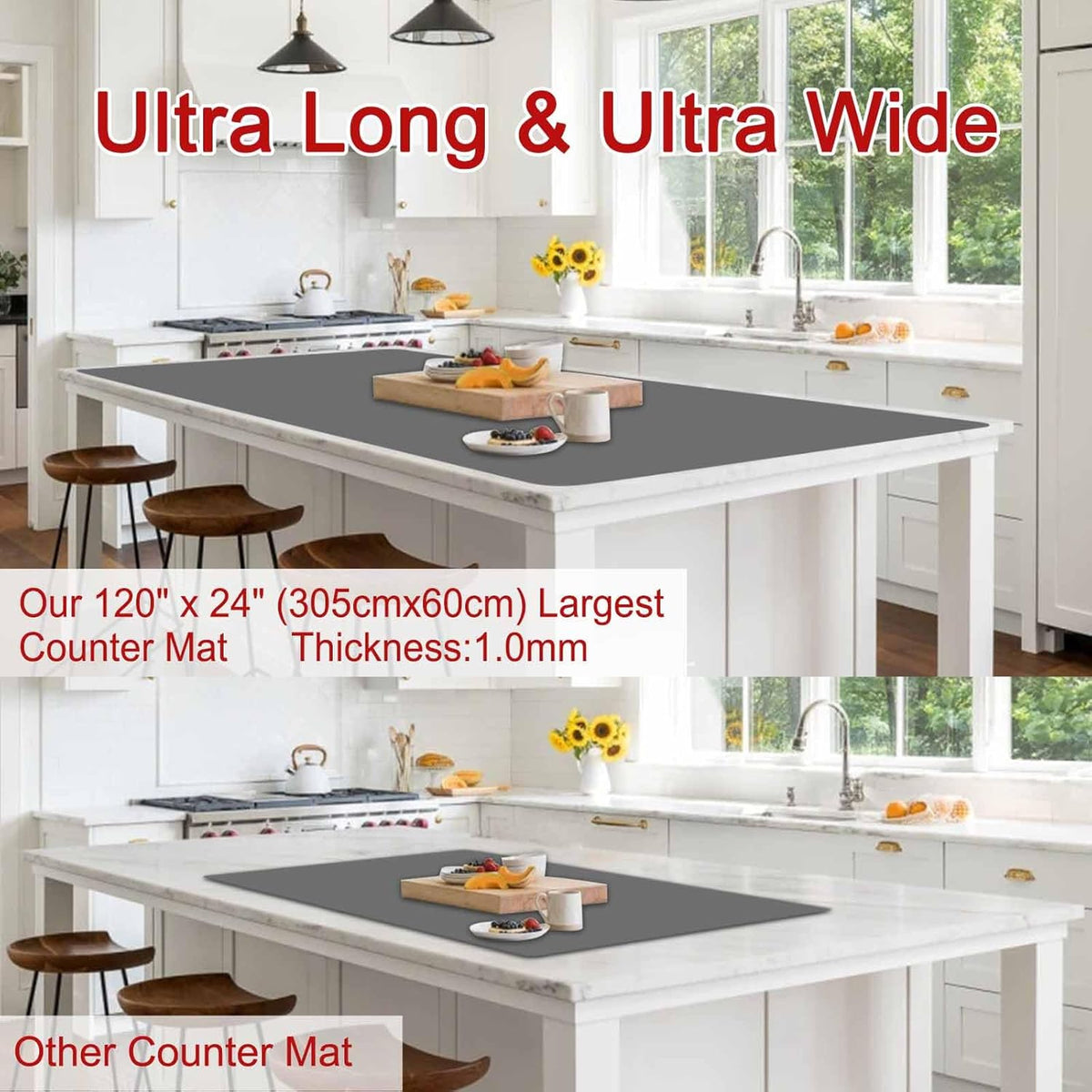 Largest Silicone Mats for Kitchen Counter, 120" x 24" Extra Large Heat Resistant Counter Mat