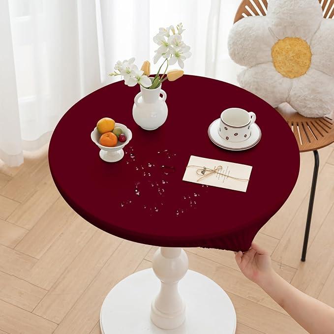 Round Fitted PU Tablecloth with High Elastic Edge 39 Inch Dia Waterproof Oil Proof Table Cloth Anti-Scald Stain-Resistant Wipeable Table Cover for Indoor Outdoor Picnic (Red,39" Dia)