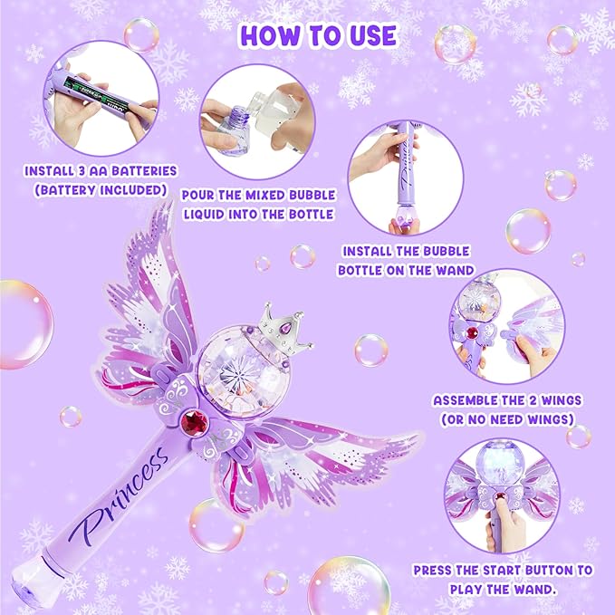 Princess Bubble Wands for Kids Girls,Music & Light Up Bubble Machine,Bubble Blower,Outdoor Party Birthday Bubble Toys for Toddlers,Gift for Girls Age 3 4 5 6 7 8 Years Old.(Purple)