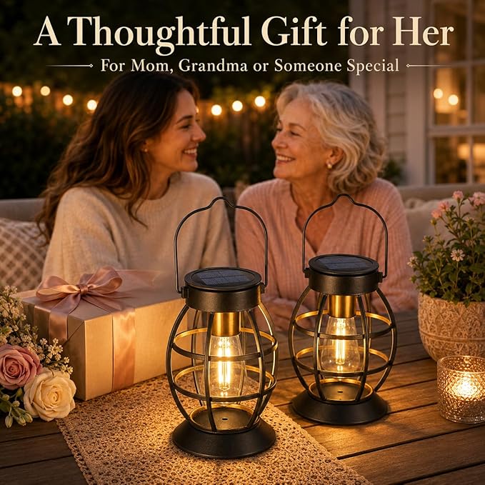 LeiDrail Solar Lanterns Outdoor 4 Pack, Hanging Waterproof Metal Lantern Dual LED Warm White, Auto On/Off Garden Patio Yard Porch Pathway Table Decor, Solar Powered Gift for Women