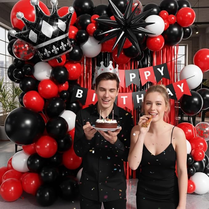 Red and Black Birthday Party Decorations 152Pcs, Red Black White Balloons Arch Kit with Banner Fringe Curtains for 16th 18th 21st 24th 32th 40th 50th 60th Birthday Decorations for Men