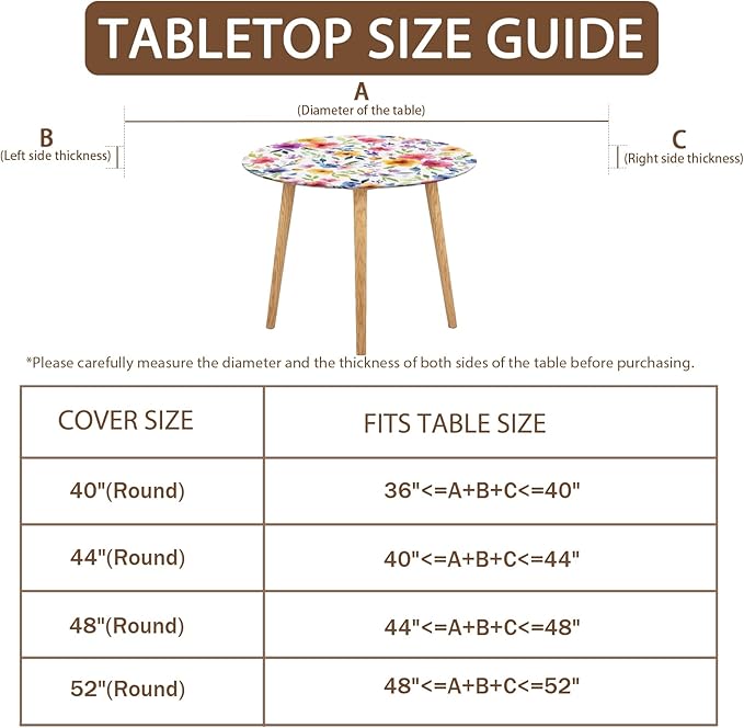 Spring Summer Floral Round Fitted Tablecloth with Elastic Watercolor Flower Outdoor Circle Table Cloth for 44-48" Tables Colorful Stretch Waterproof Washable Table Cover for Picnic Dining Party Decor