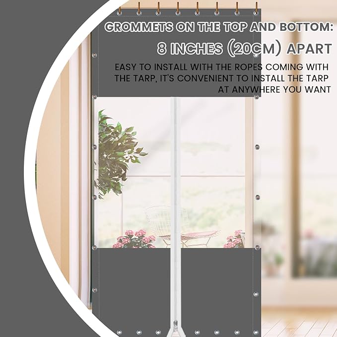 20 Oz Outdoor Vinyl Curtain with Double Sided Zip, Outdoor Clear Panel Curtain, Weather Resistant Outdoor Curtain for Pergola, Porch, Gazebos, with Rustproof Grommets (8'H x 8'W, Dark Gray)