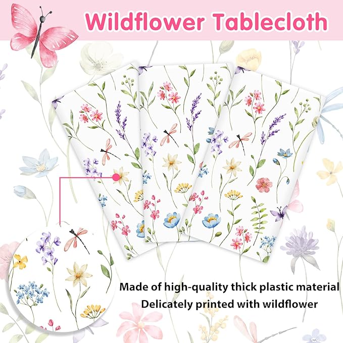 Homanu 6 Pack Wildflower Party Decorations Tablecloths, Large Size 54 X 108 Inch Rectangle Floral Tablecloth Plastic Table Cover for Birthday Party Baby Shower Decorations