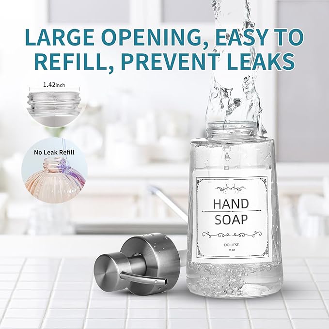 Soap Dispenser, Glass Hand Soap Dispenser with Rust Proof Pump, 16oz Liquid Soap Container with Waterproof Labels, Dish & Hand Soap Pump for Bathroom, Kitchen, Brushed Nickel, Pack of 2