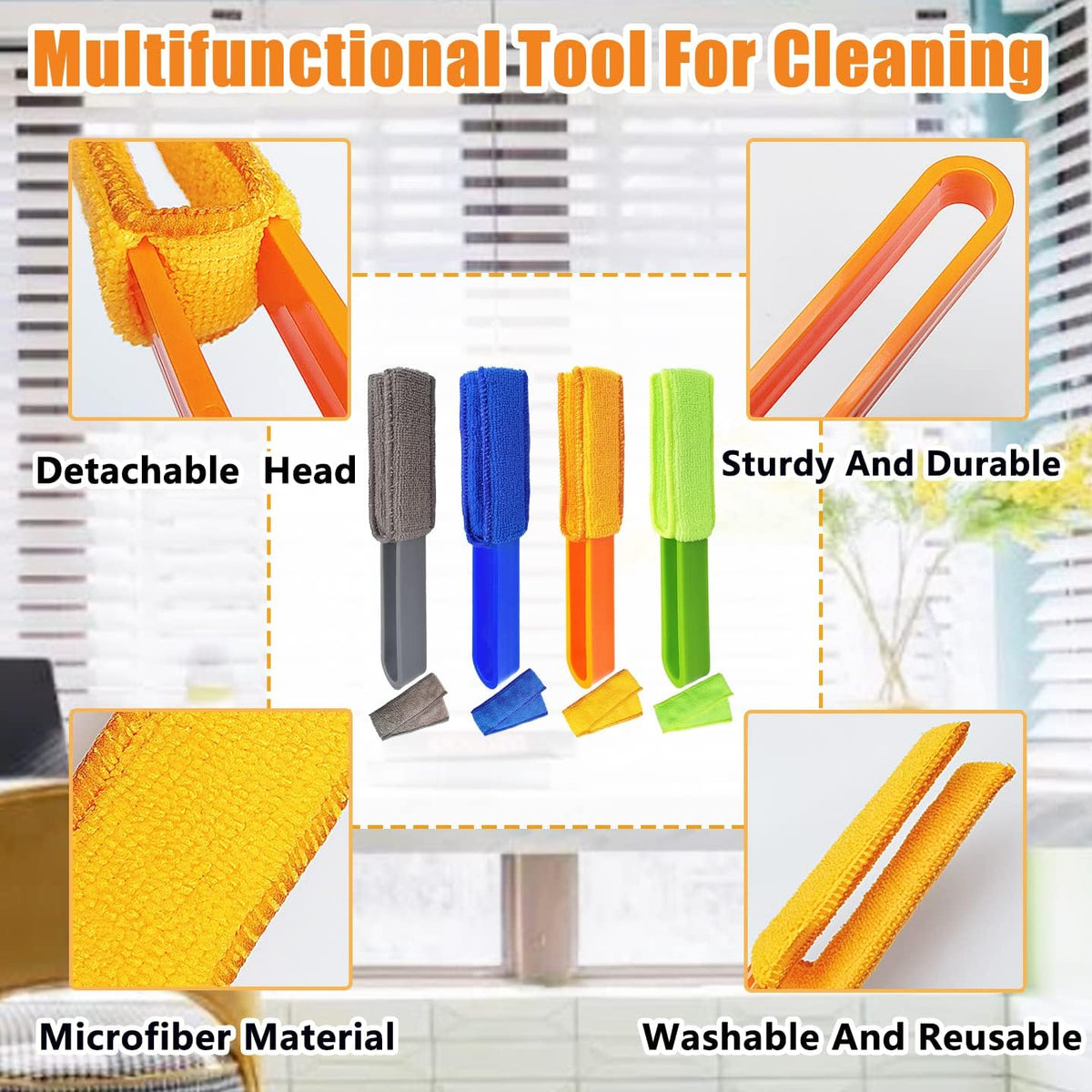 4 Pack Microfiber Blinds Duster, 4 Removable and Washable Sleeves, Cleaner for Window Blinds, Air Conditioner Vents, Fans, Car Vents